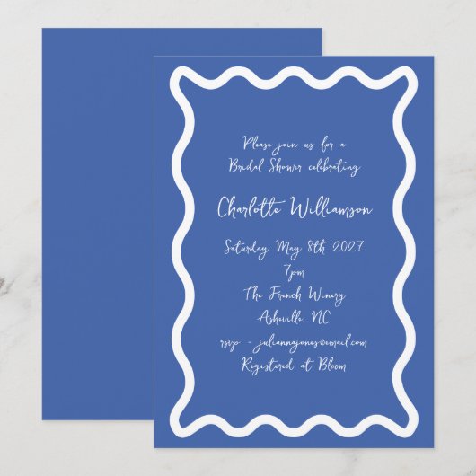 Whimsy Script Blue Scribble Border Brautparty Einladung (Vorne/Hinten)