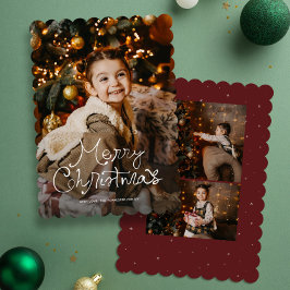 Whimsy script Merry Christmas three photo red Feiertagskarte