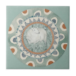 Whimsy Sheep & Bird Mint Blau Terrakotta Aqua Fliese