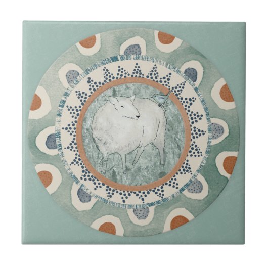 Whimsy Sheep & Bird Mint Blau Terrakotta Aqua Fliese (Vorderseite)