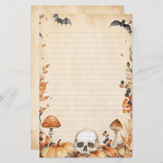 Whimsy Skull and Mushroom Rustikales Halloween Lin Briefpapier (Vorne/Hinten)