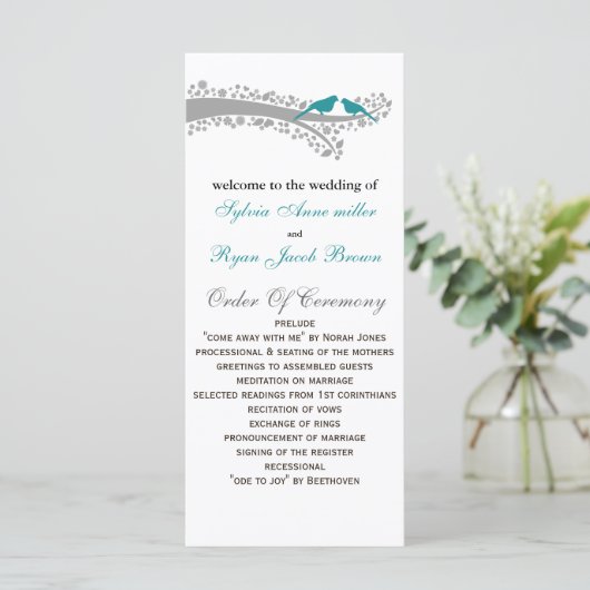 Whimsy tree blue lovebirds Hochzeitsprogramm Programm (Stehend Vorderseite)