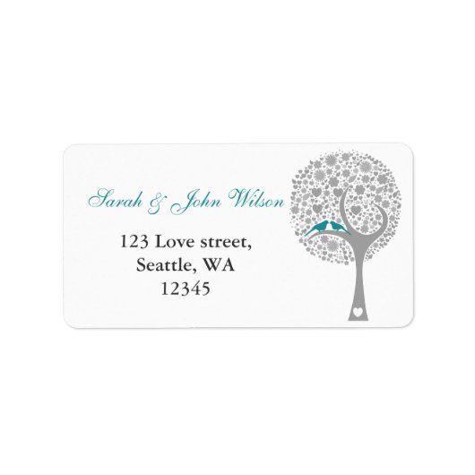 whimsy tree blue lovebirs return address label adressaufkleber (Vorne)