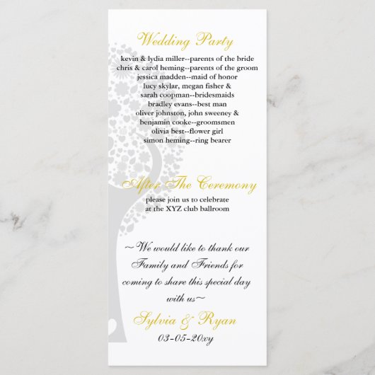 Whimsy tree Gelb Liebhaber Hochzeitsprogramm Programm (Rückseite)