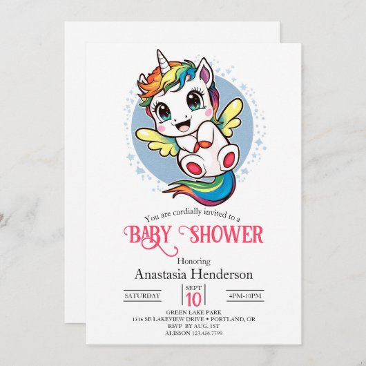 Whimsy Unicorn Kinderdusche Einladung (Vorne/Hinten)