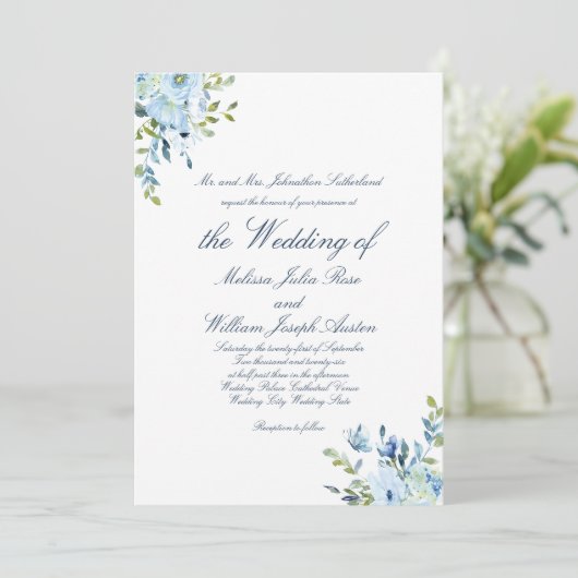 Whimsy Watercolor Blue Botanical Script Wedding Einladung (Stehend Vorderseite)