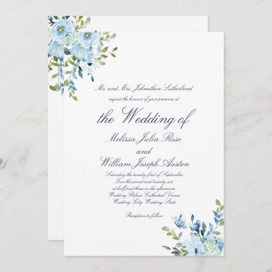 Whimsy Watercolor Blue Botanical Script Wedding Einladung (Vorne/Hinten)