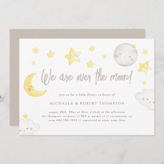Whimsy Watercolor Wir sind über der Mond Babydusch Einladung (Vorne/Hinten)