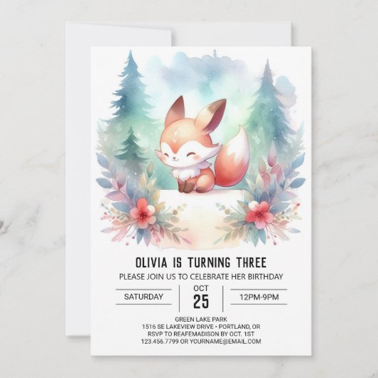 Whimsy Woodland Fox Geburtstag digital Einladung (Vorderseite)
