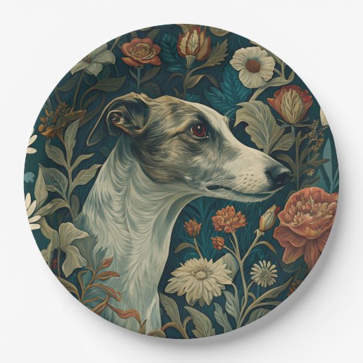 Whippet Brindle and White William Morris Style Pappteller (Vorderseite)