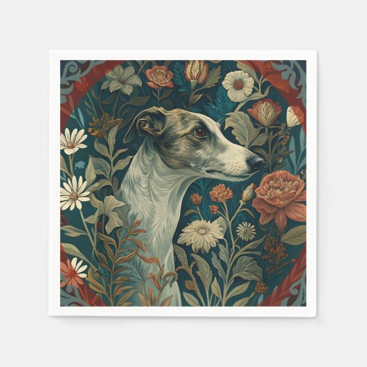 Whippet Brindle und Weiß im Stil von William Morri Serviette (Vorderseite)