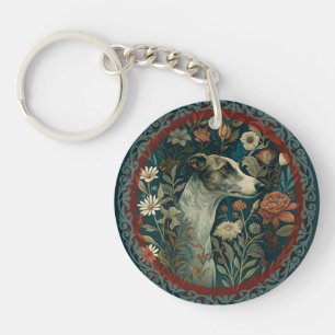 Whippet Brindle und Weiß William Morris Floral Schlüsselanhänger