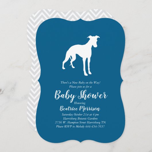 Whippet Dog Baby Shower Blue Einladung (Vorne/Hinten)