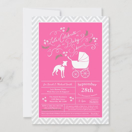 Whippet Dog Baby Shower Girl Pink Einladung (Vorderseite)