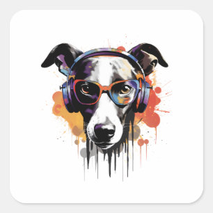 Whippet Dog Listening to Music Greyhound Quadratischer Aufkleber