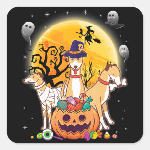 Whippet Dog Mummy Hexe Moon Ghost Happy Halloween Quadratischer Aufkleber