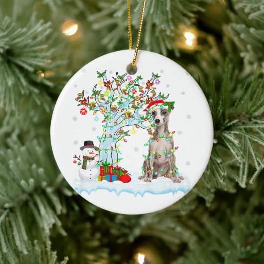 Whippet Dog Xmas Tree Lighting | WEIHNACHTSMANNMÜT Keramik Ornament (Baum)