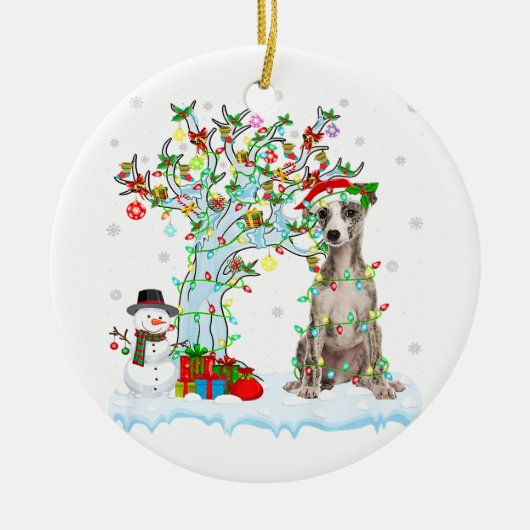 Whippet Dog Xmas Tree Lighting | WEIHNACHTSMANNMÜT Keramik Ornament (Vorne)