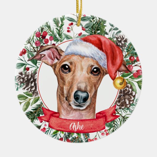 Whippet Greyhound Hund Custom Weihnachtsmannmütze  Keramik Ornament (Vorne)