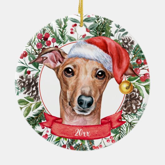 Whippet Greyhound Hund Custom Weihnachtsmannmütze Keramik Ornament (Hinten)
