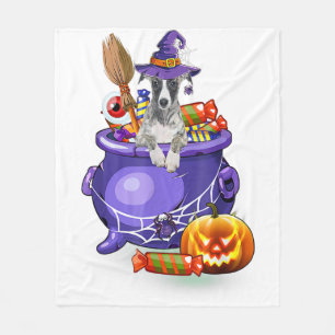 Whippet Hund mit Hexenhut Candy Pumpkin Halloween Fleecedecke