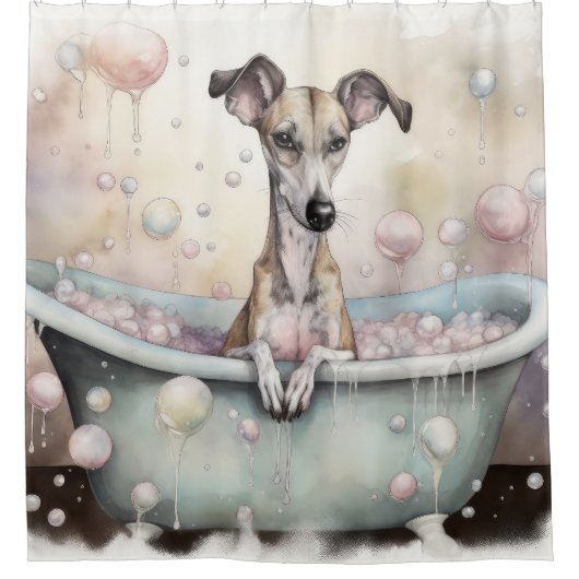Whippet in der Badewanne Wasserfarben Hunde Kunst Duschvorhang (Vorderseite)