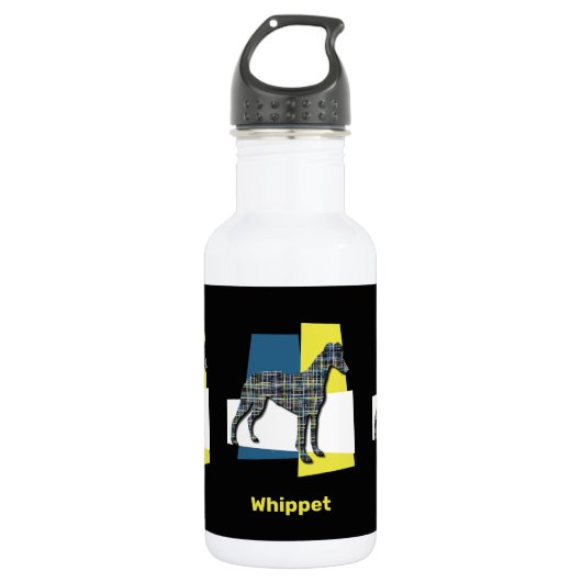 Whippet/Italian Greyhound Hund Silhouette Y&B Grid Edelstahlflasche (Vorderseite)