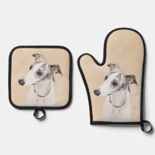 Whippet Malerei Brindle White Original Hunde Kunst Ofenhandschuh & Topflappen-Set