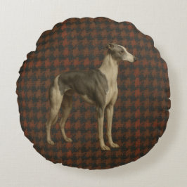 Whippet round cushion. Whippet on tweed/tartan Rundes Kissen