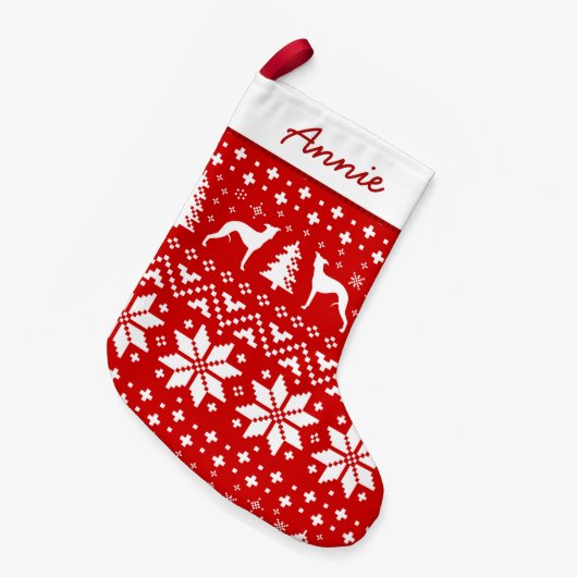 Whippet Silhouetten rot und weißes Muster Kleiner Weihnachtsstrumpf (Vorderansicht (hängend))