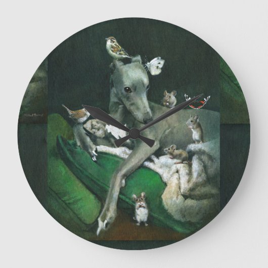 Whippet With Mice And Birds Wall Clock Große Wanduhr (Vorderseite)