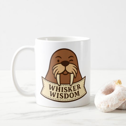 Whisker Wisdom Cute Jovial Walrus Mascot Cartoon Kaffeetasse (Mit Donut)