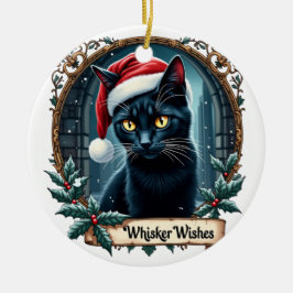 Whisker Wishes - Black Cat Christmas Art Ornament 