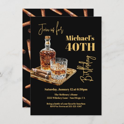 Whiskey Bourbon und Cigar Birthday Gold Tray Einladung (Vorne/Hinten)