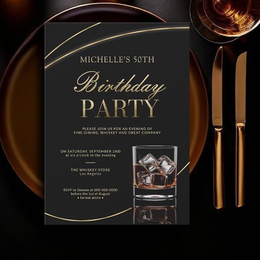 Whiskey Dinner Cocktails Calligraphie 50. Geburtst Einladung