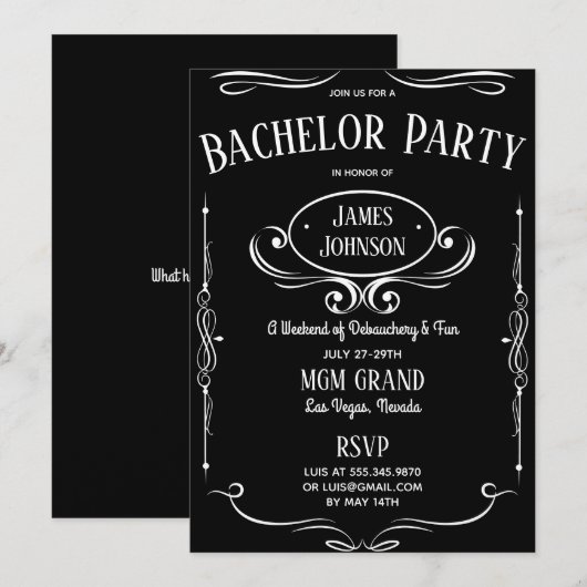 Whiskey Label Bachelor (ette) Party Einladung (Vorne/Hinten)
