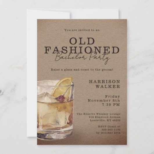 Whiskey Theme Bachelor Party Old Fashioned Rustic Einladung (Vorderseite)