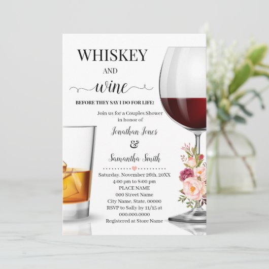 Whiskey und Wein bevor ich Polterabend pink Einladung (Stehend Vorderseite)