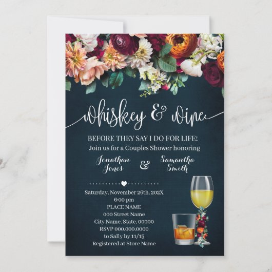 Whiskey & Wine Blume Paare Dusche Hochzeit Einladung (Vorderseite)
