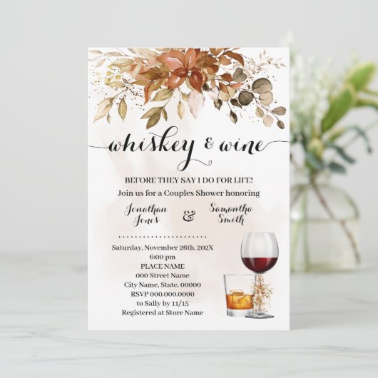 Whiskey & Wine Couples Dusche Hochzeit im Herbst Einladung (Stehend Vorderseite)