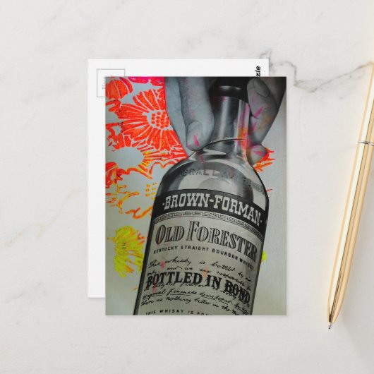 Whisky-Flaschen-Blumen-Bond-Collage Postkarte (Vorderseite/Rückseite Beispiel)