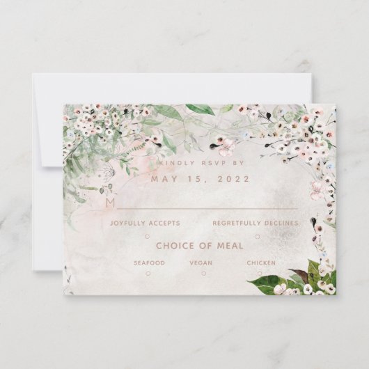 Whisper & Blush Wedding 3 Meal Choice RSVP Card Karte (Vorderseite)