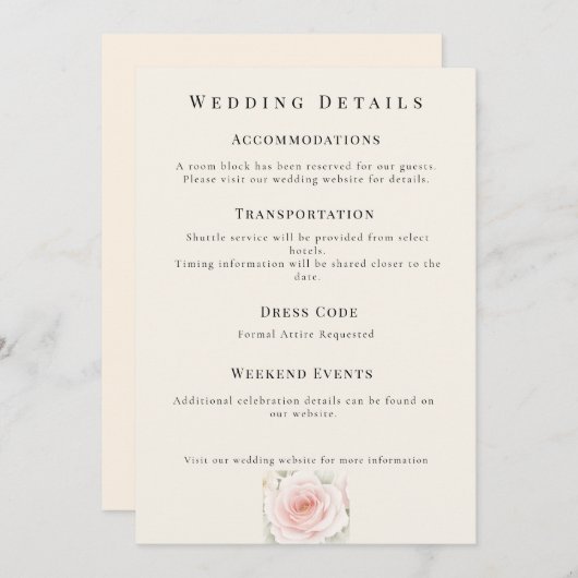 Whispered Petals Minimalist Wedding Details Card Einladung (Vorne/Hinten)