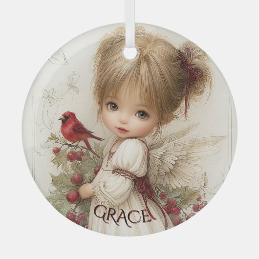 Whispers of Winter – Fairy Child with Cardinal Ornament Aus Glas (Vorderseite)