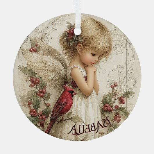 Whispers of Winter – Fairy Child with Cardinal Ornament Aus Glas (Rückseite)