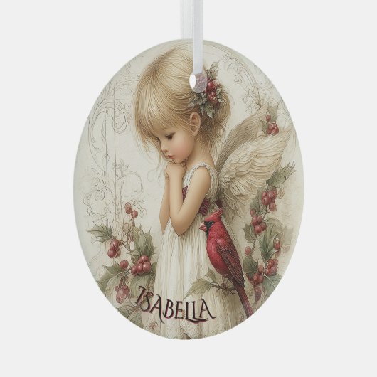 Whispers of Winter – Fairy Child with Cardinal Ornament Aus Glas (Vorderseite Rechts)