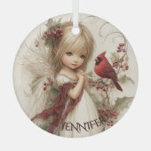 Whispers of Winter – Fairy Child with Cardinal Ornament Aus Glas (Vorderseite)