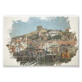 Whitby Harbour and St Mary's Church Watercolor Art Fotodruck