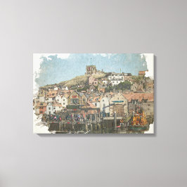 Whitby Harbour and St Mary's Church Watercolor Art Leinwanddruck