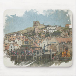 Whitby Harbour and St Mary's Church Watercolor Art Mousepad